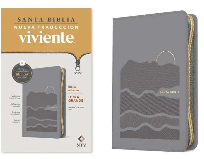 Biblia ultrafina, letra grande, sentipiel con ziper gris - NTV